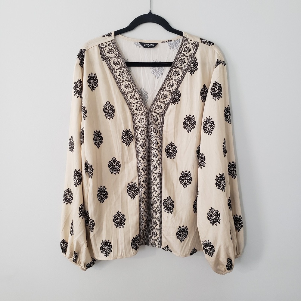 Bohemian Boho Tunic Top LARGE Hippie Indie Peasant Earthy Balloon Sleeves Fall